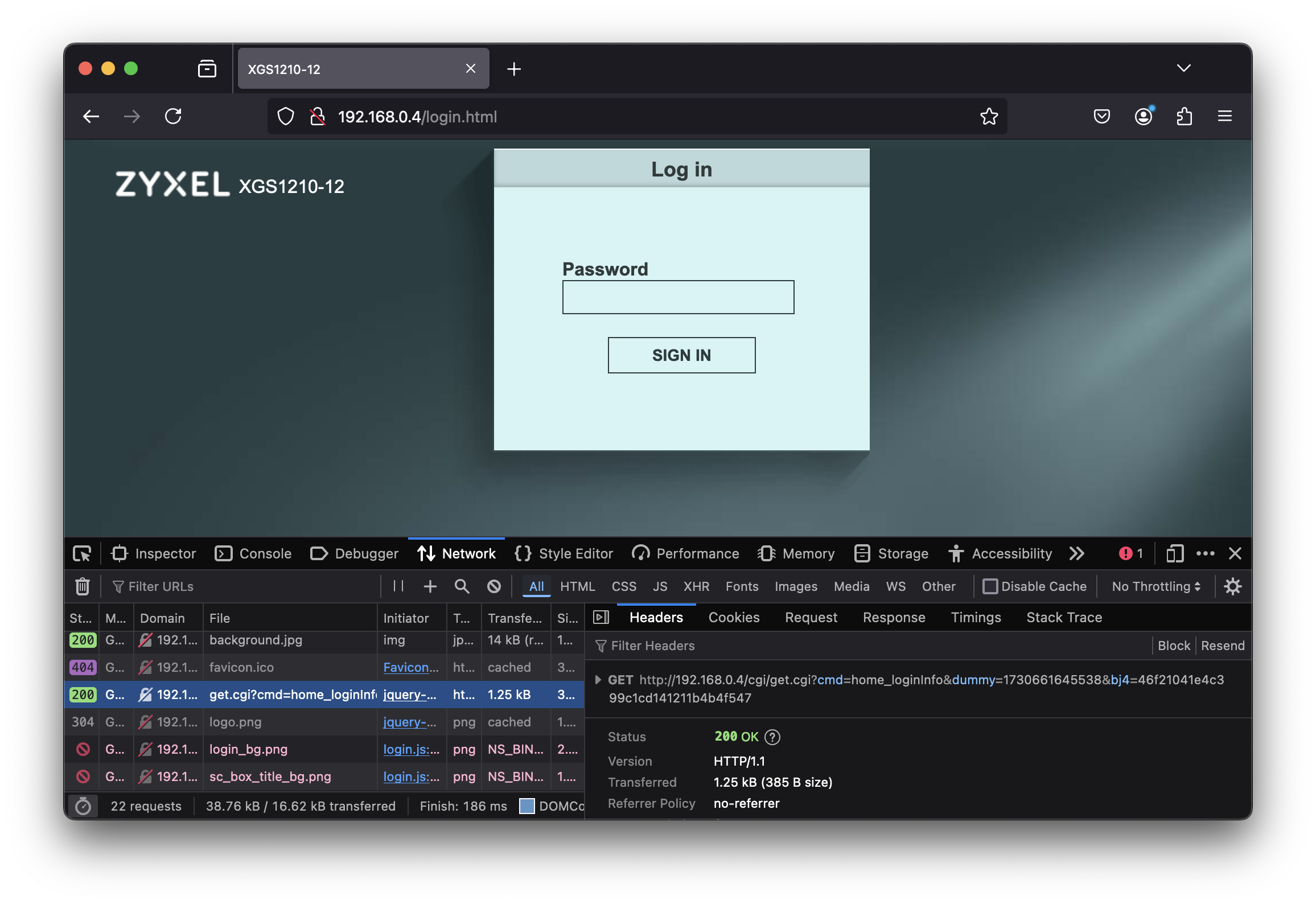 Login page